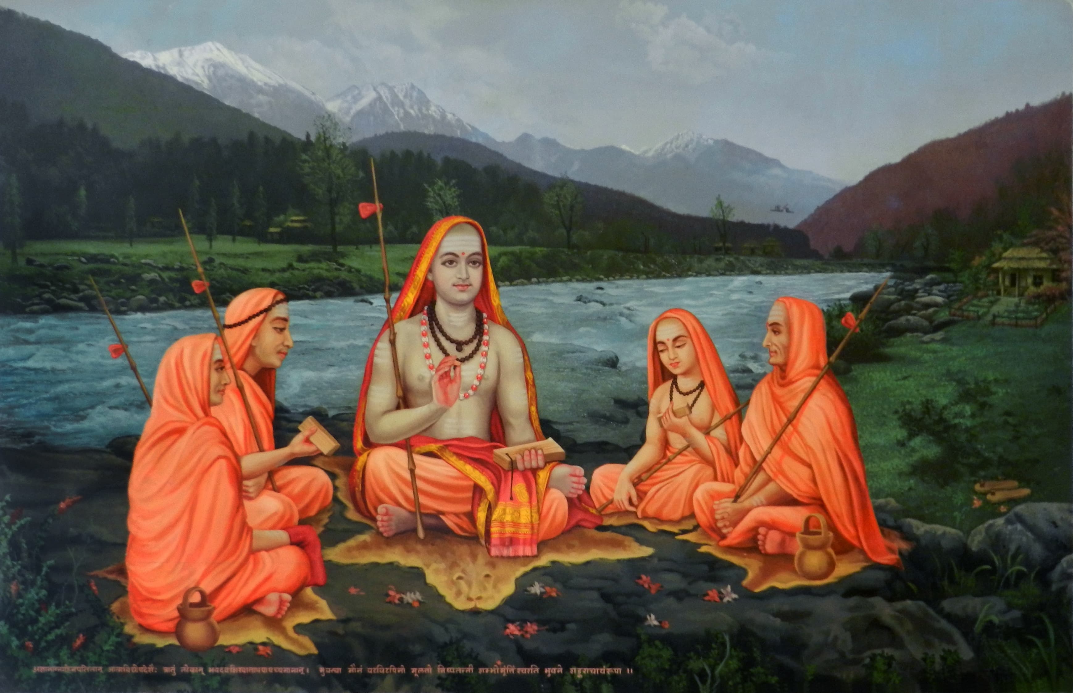Adi Shankara teaching disciples by a river